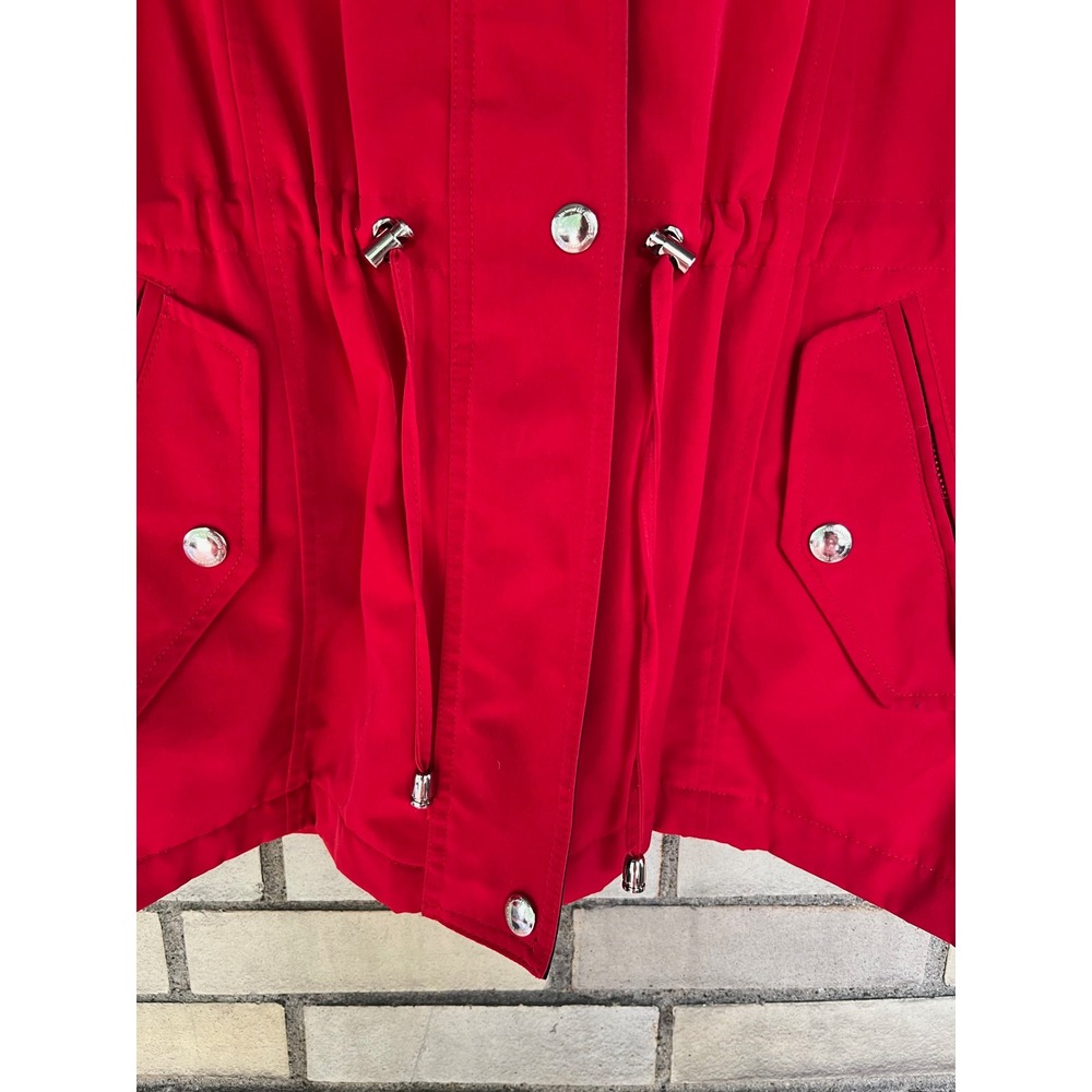 Liz Claiborne Red Hooded Anorak Jacket Navy Trim Nautical Medium Petite MP - Picture 3 of 7